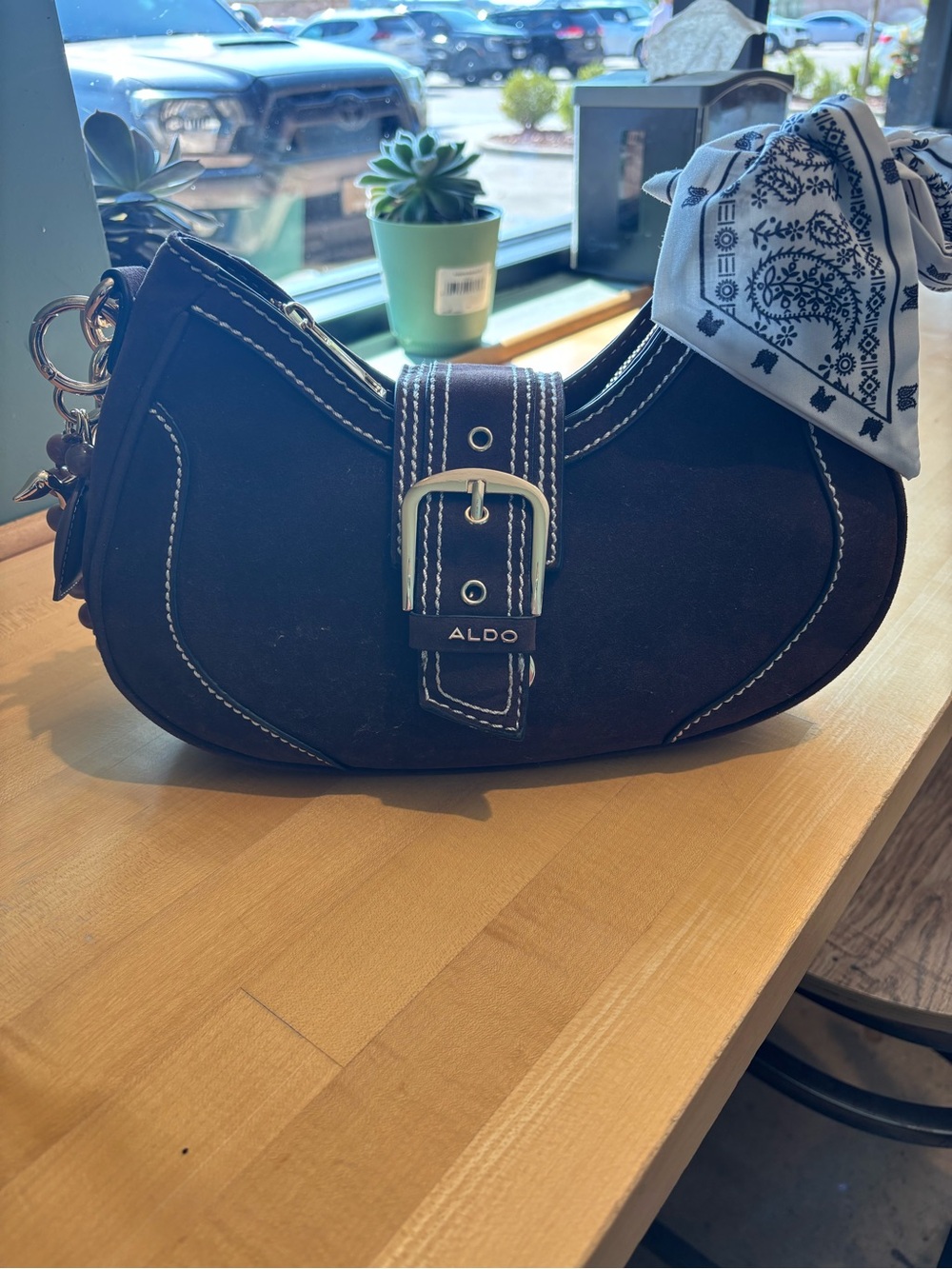 ALDO Black Crescent Shoulder Bag with Contrast Stitching and Buckle